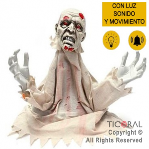MUÑECO MUERTO VIVO TUNICA BLANCA ERGUIDO CON MOVIMIENTO SONIDO Y LUZ LED X 1